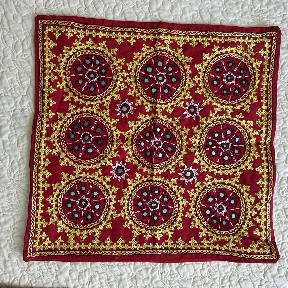 Uzbek Suzani Embroidered Pair Silk Pillow‎ Covers 17x16 Inch Medallion Crystals